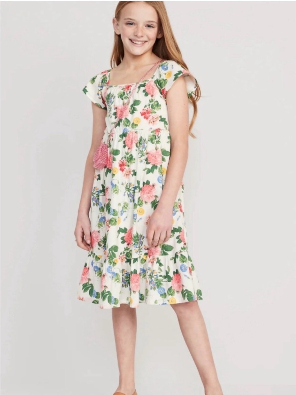 Old Navy Girls Smocked Back Dress Flutter Sleeve English Floral White Ground M